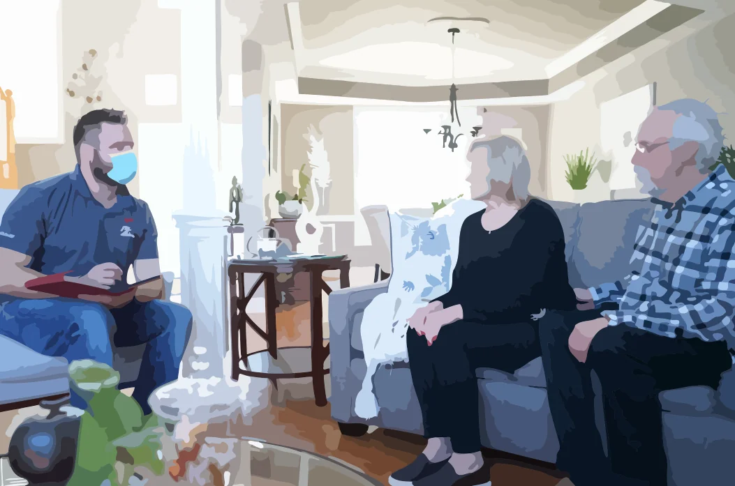 An illustration of a mover holding a clipboard talking with an older couple seated on a sofa