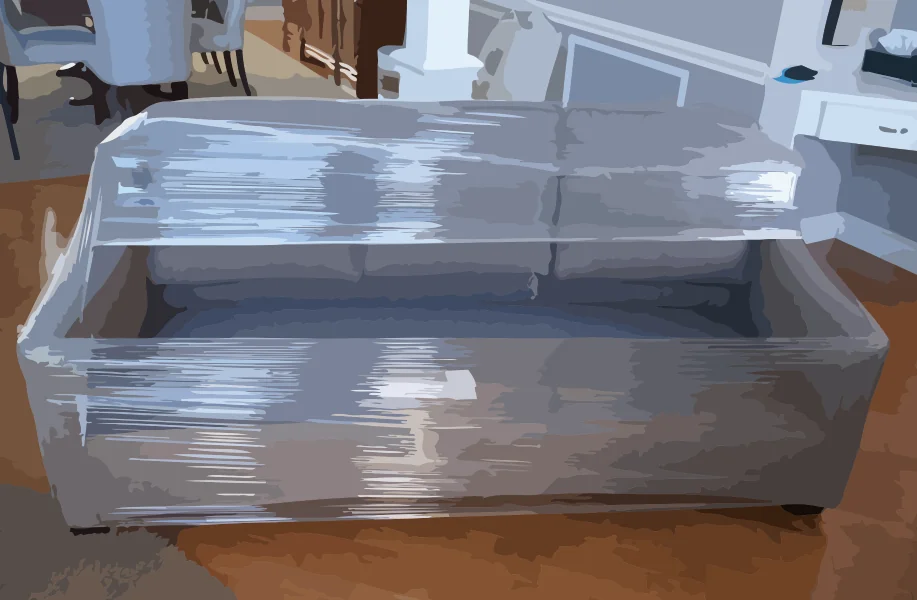 An illustration of a sofa fully wrapped in protective plastic