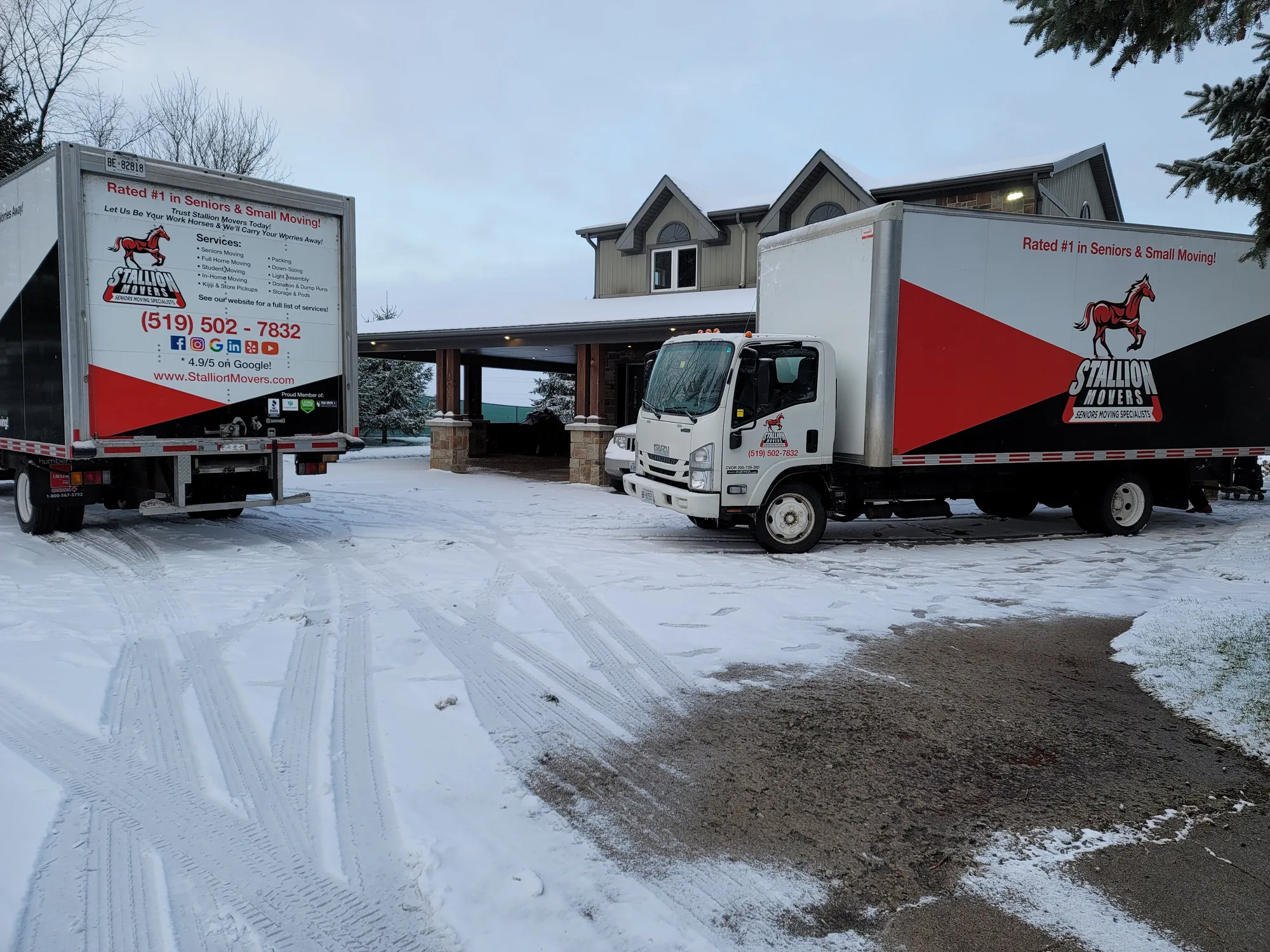 Two Stallion moving trucks on a snow-covered driveway at first light