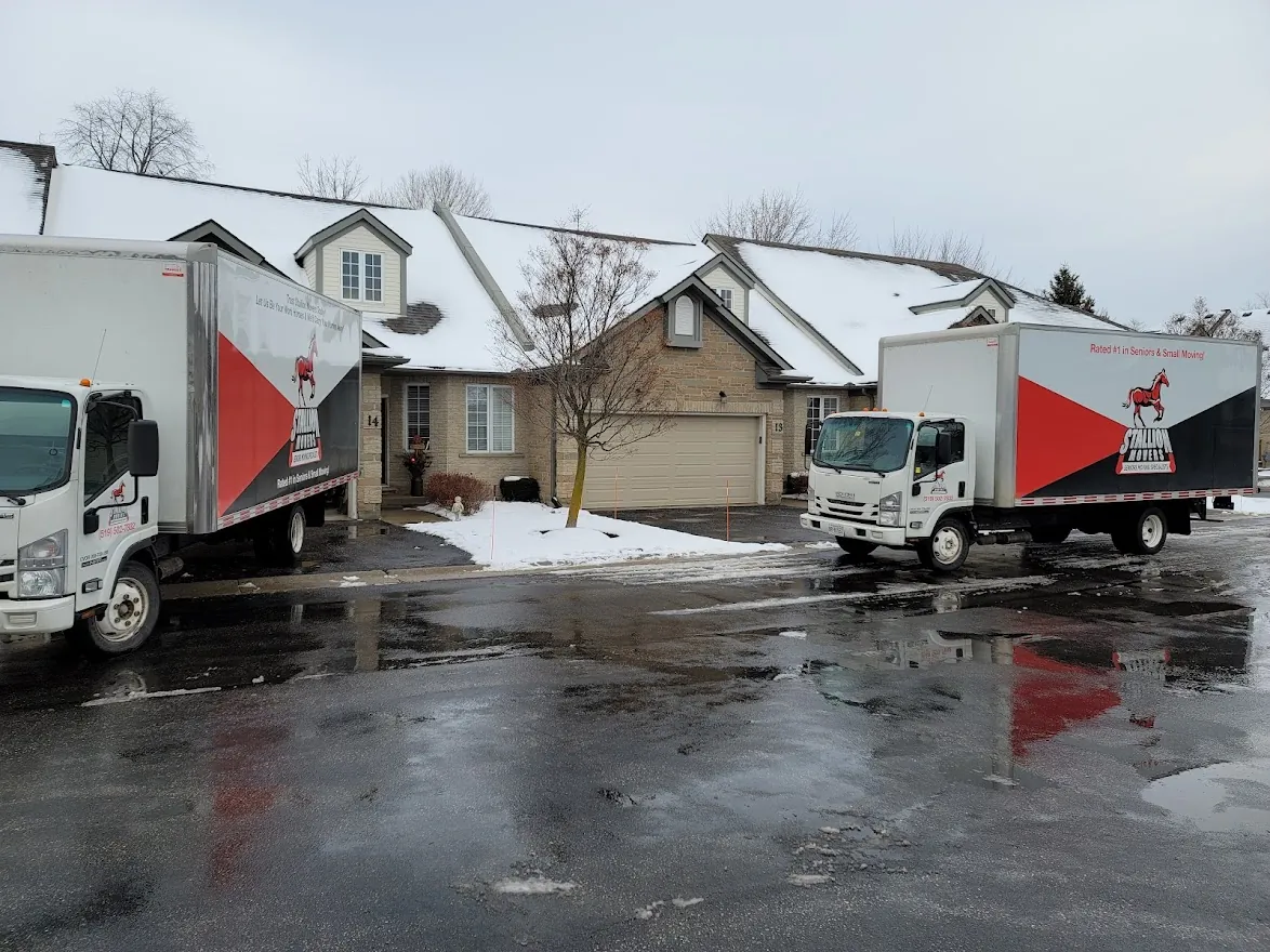 Two Stallion moving trucks parked on a snow-covered residential street