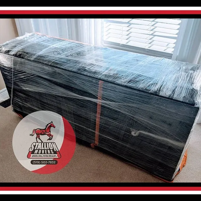 A shrink-wrapped upholstered bench secured on a moving strap